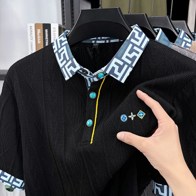Geometric Collar Cable Knit Polo Shirt