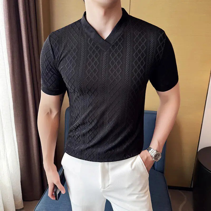 Geometric Fashion Grid V-Neck T-Shirt