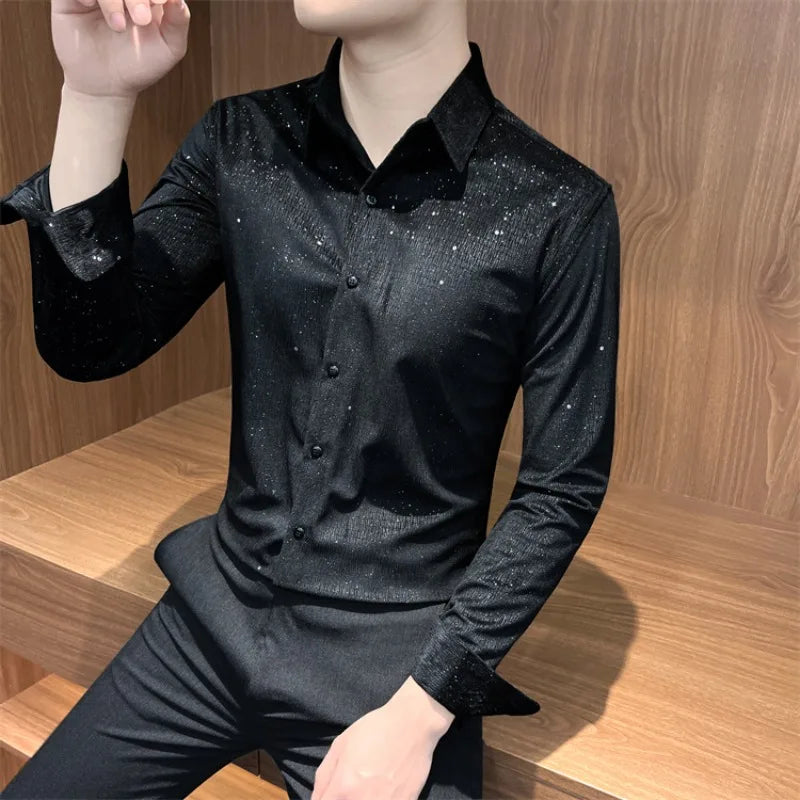 Solid Rhinestone Decoration Dress Shirt