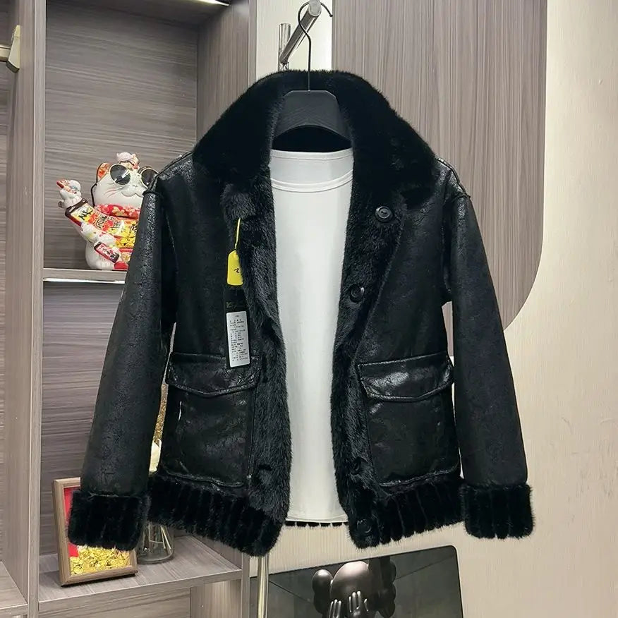 Warm Spliced Fur Leather Solid Jacket