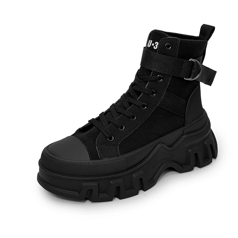 Platform Black Fabric Mid-Calf Boots