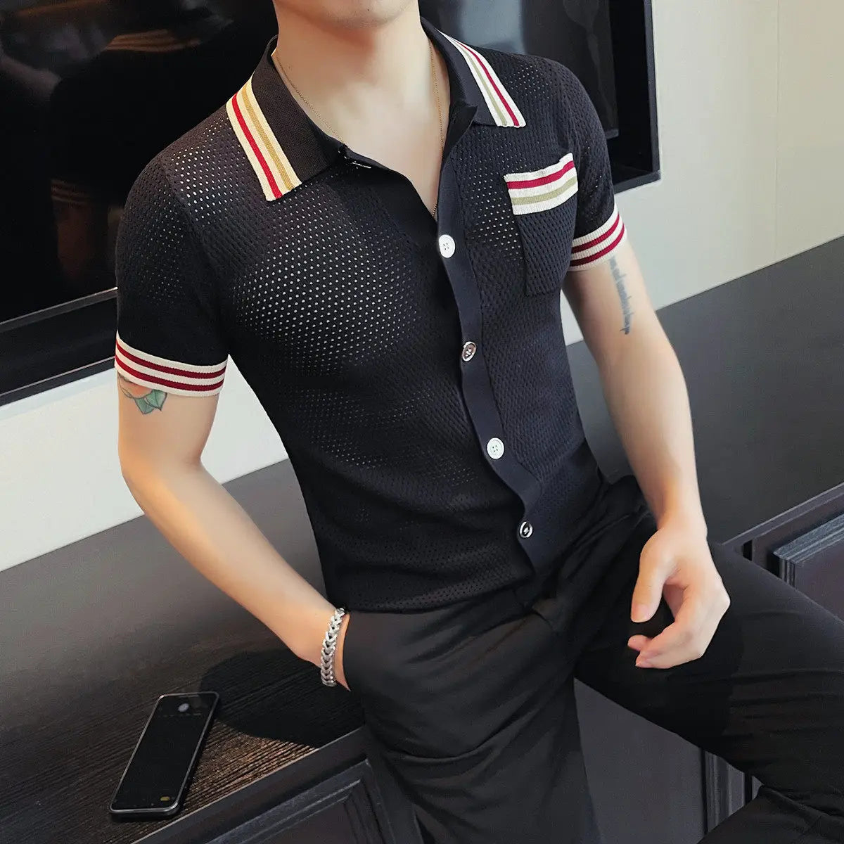 Hollow Dots Knitted Single-Breasted Shirt