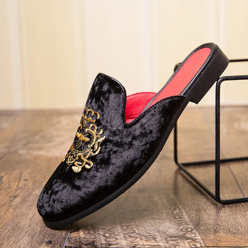 Embroidered Velvet Upper Mules Shoes