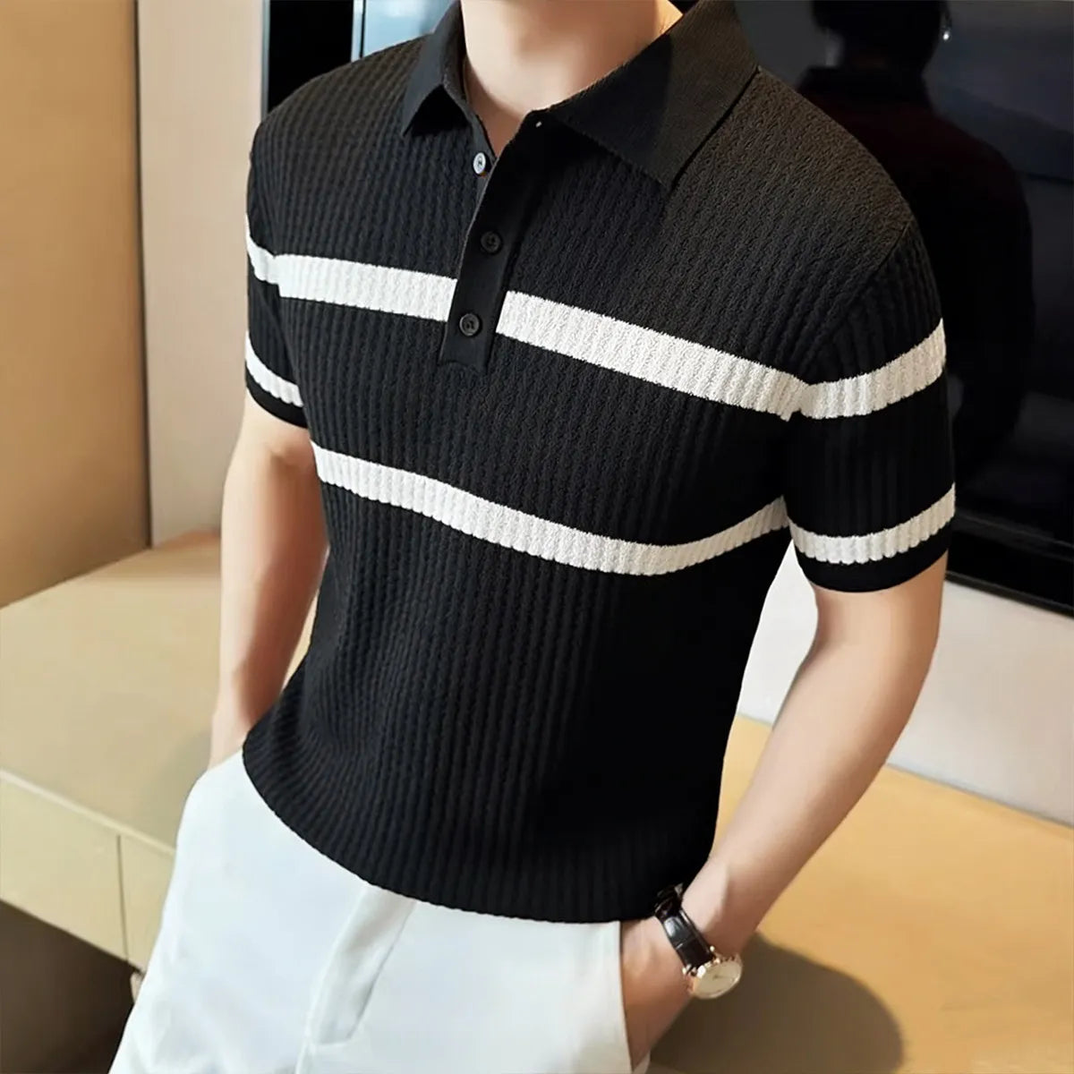 Short Sleeved Stripes Knitted Polo Shirt