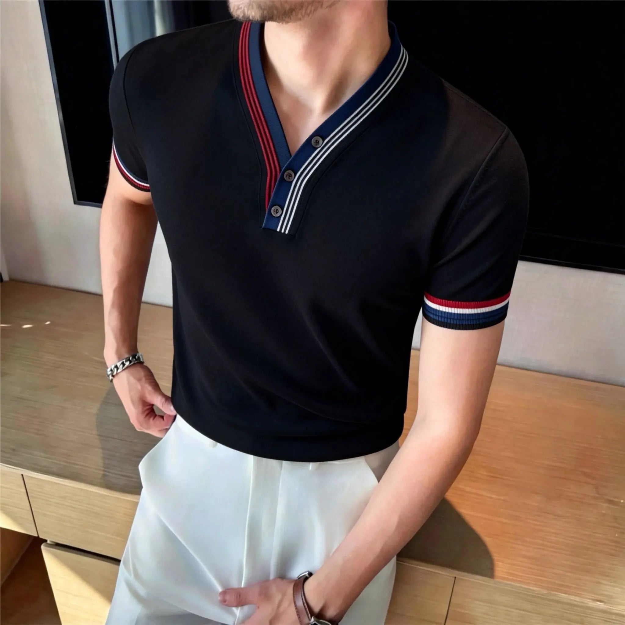 Knitted Striped V-Neck T-Shirt