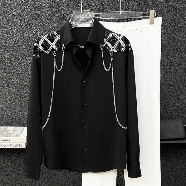 Loose Patchwork Sequin Chain Spliced Shirt
