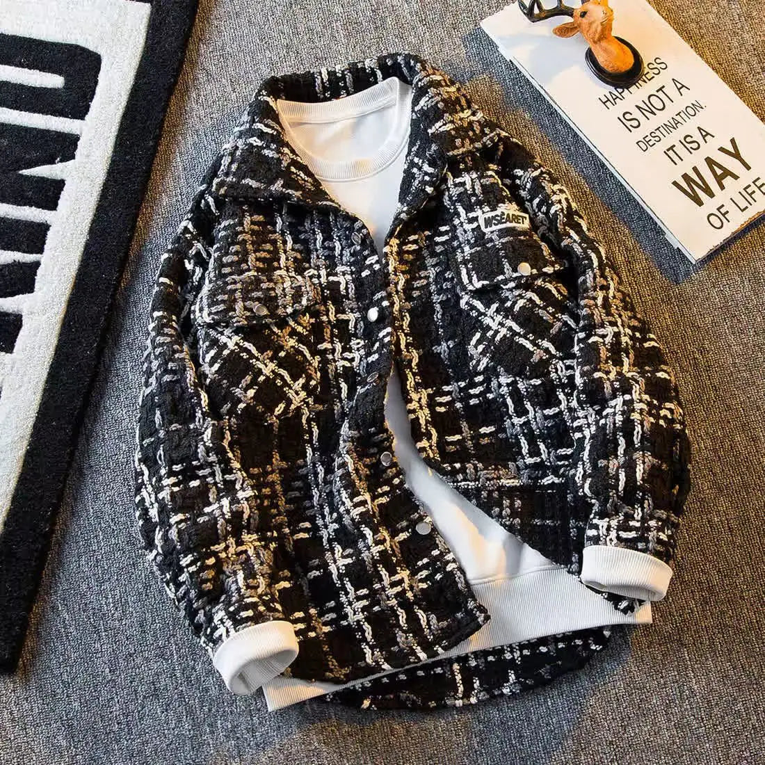 Button Front Tweed Plaid Shirt Jacket
