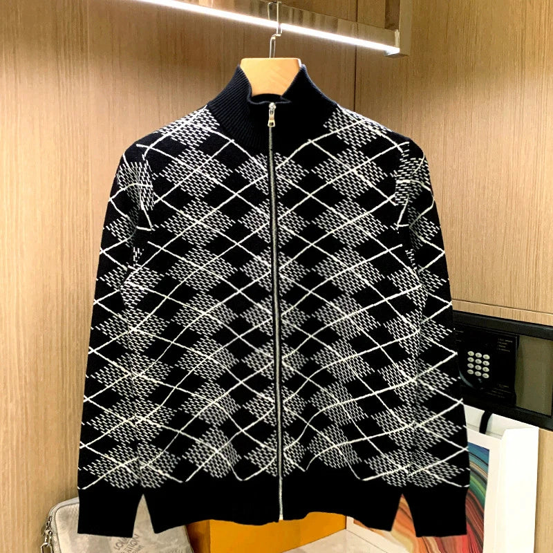 Half-High-Neck Slim Plaid Cardigan