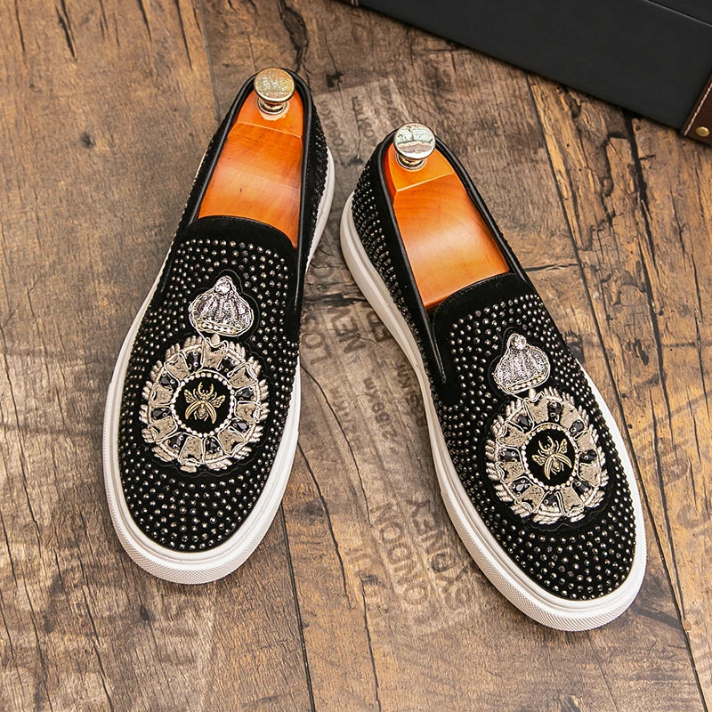 Embroidery With Rhinestone Spikes Loafers