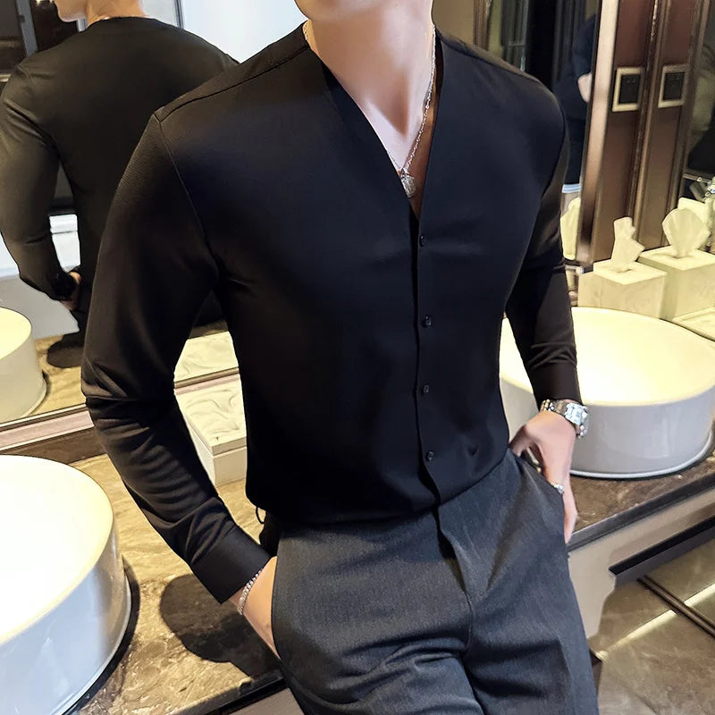 Buttoned V-Neck Long Sleeve Shirt