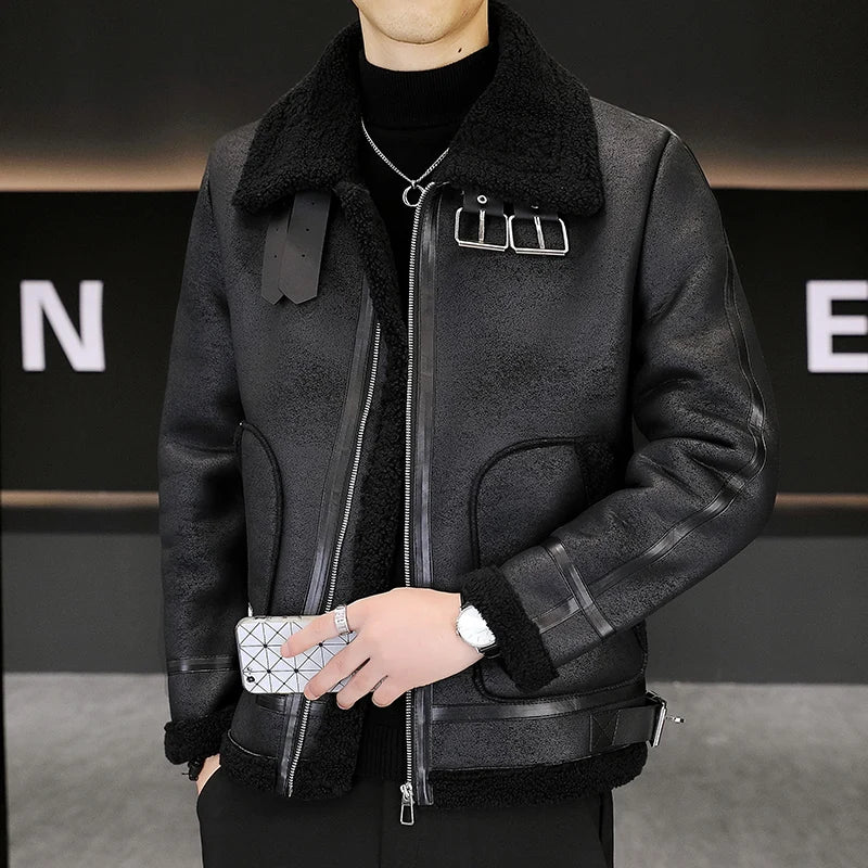 Lines Spliced Faux Fur Pockets Jacket