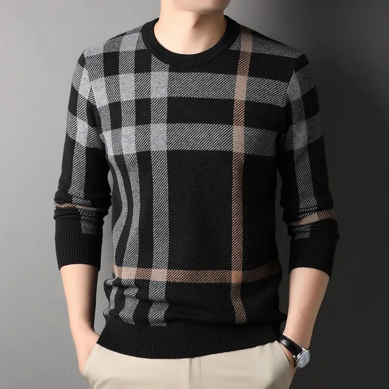 Striped Plaid Wool Pullover Sweater
