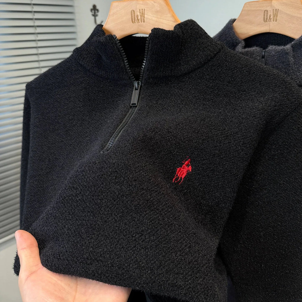 Solid Embroidery Half Zip Stand Collar Sweater