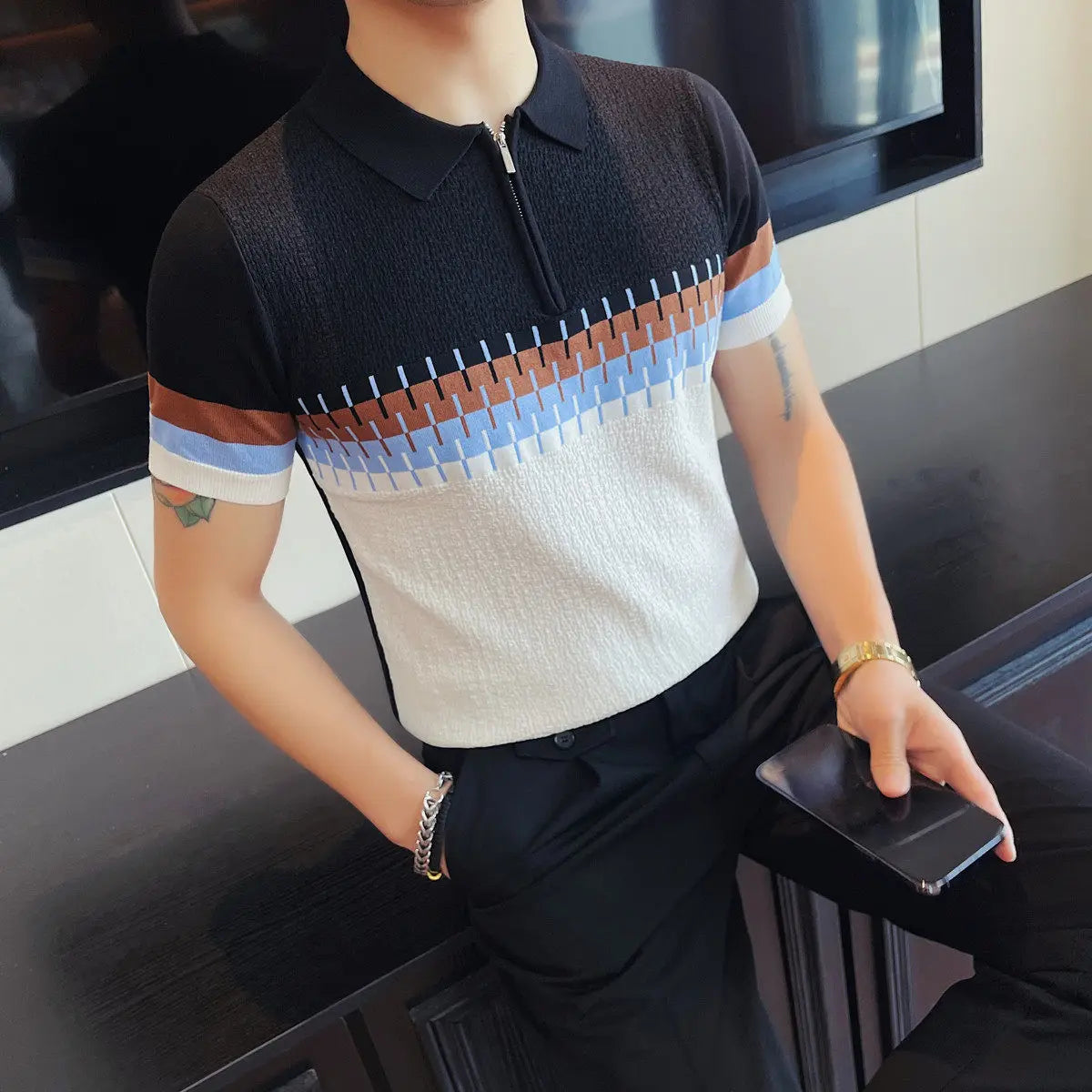 Architect Stripe Knit Zipper Polo Shirt