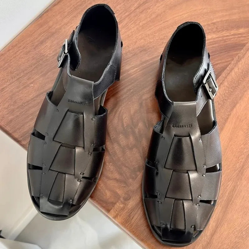 Buckle Solid Close-Toe Weave Sandals