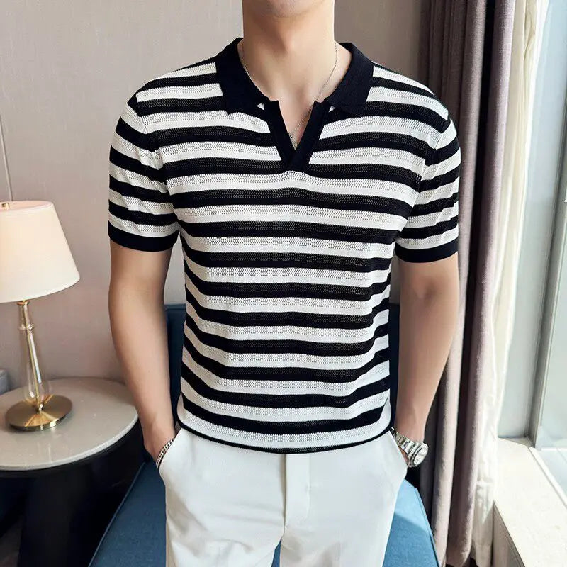 Striped V-Cut Short Sleeve Polo Shirt