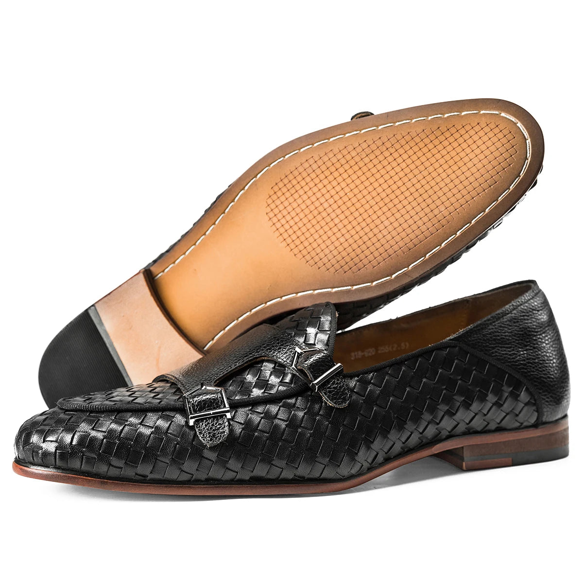 Black Woven Leather Monk Strap Shoes