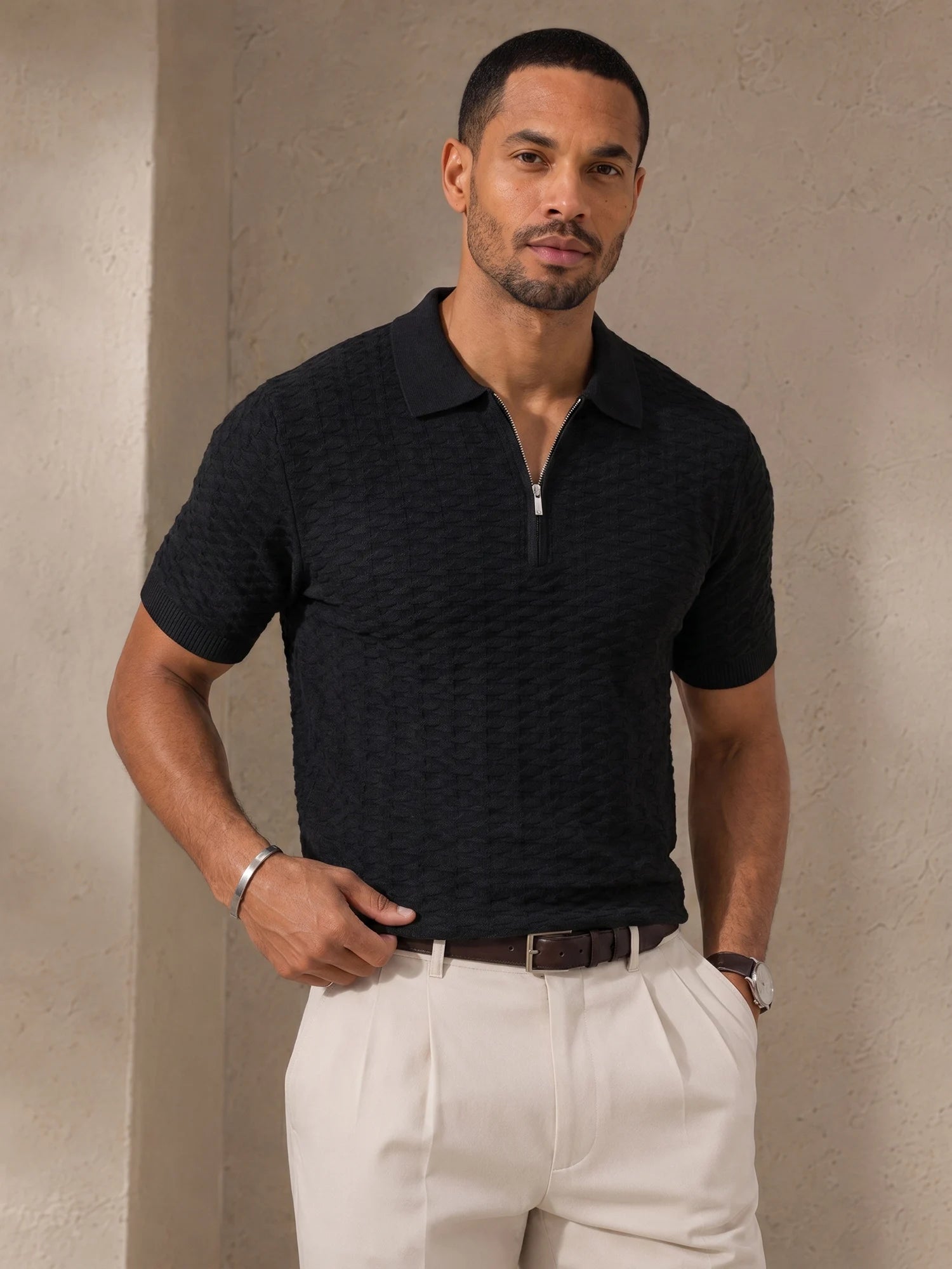 Men's Textured Knitted Zipper Polo Shirt