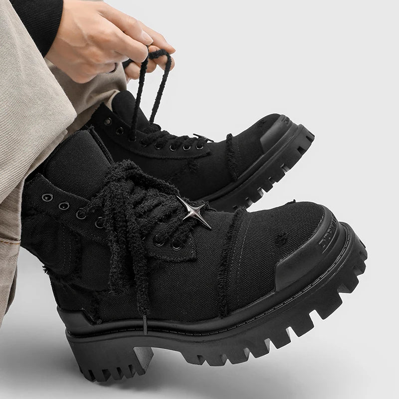 Four Cornered Star Pin Black Thick Soled Boots