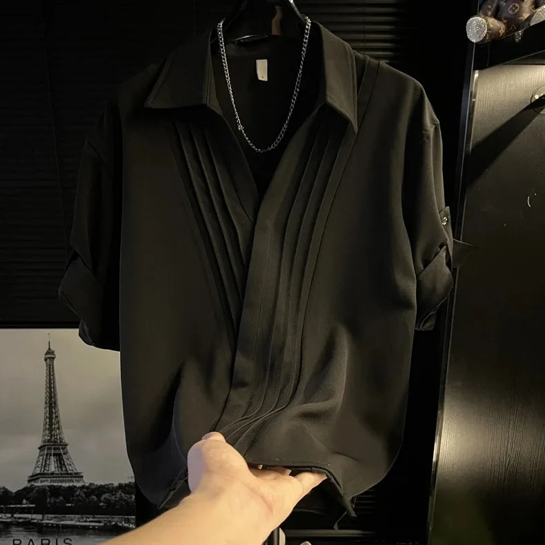 Pleated V-Neck Short Sleeved Shirt