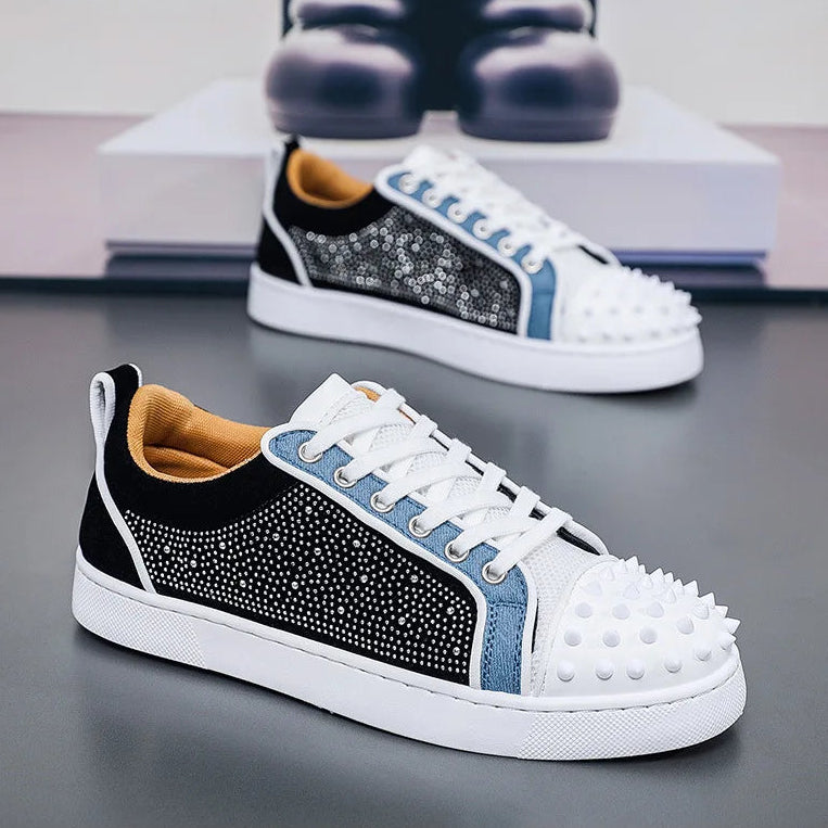 Patchwork Rhinestone Rivet Studded Sneakers