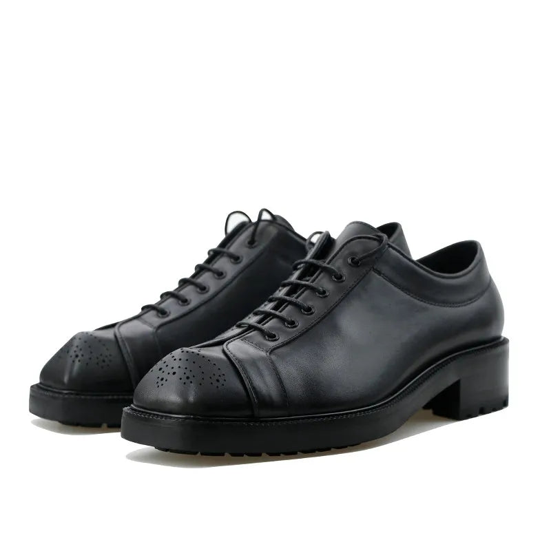 Square Toe Solid Black Leather Shoes