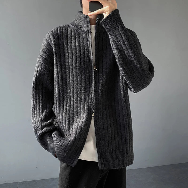 Stand Collar Striped Knitted Cardigan