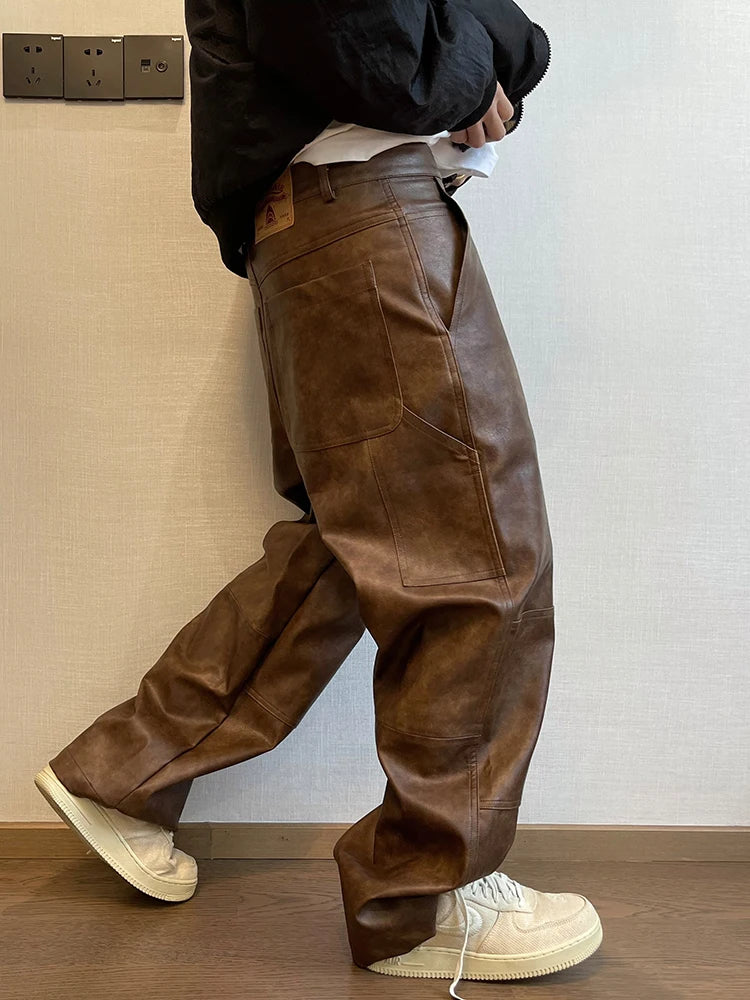 Retro Distressed Washed Brown Leather Pants