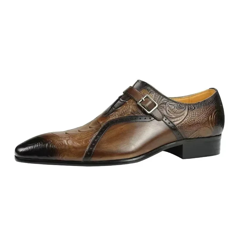 Embossed Leather Buckle Oxford Shoes
