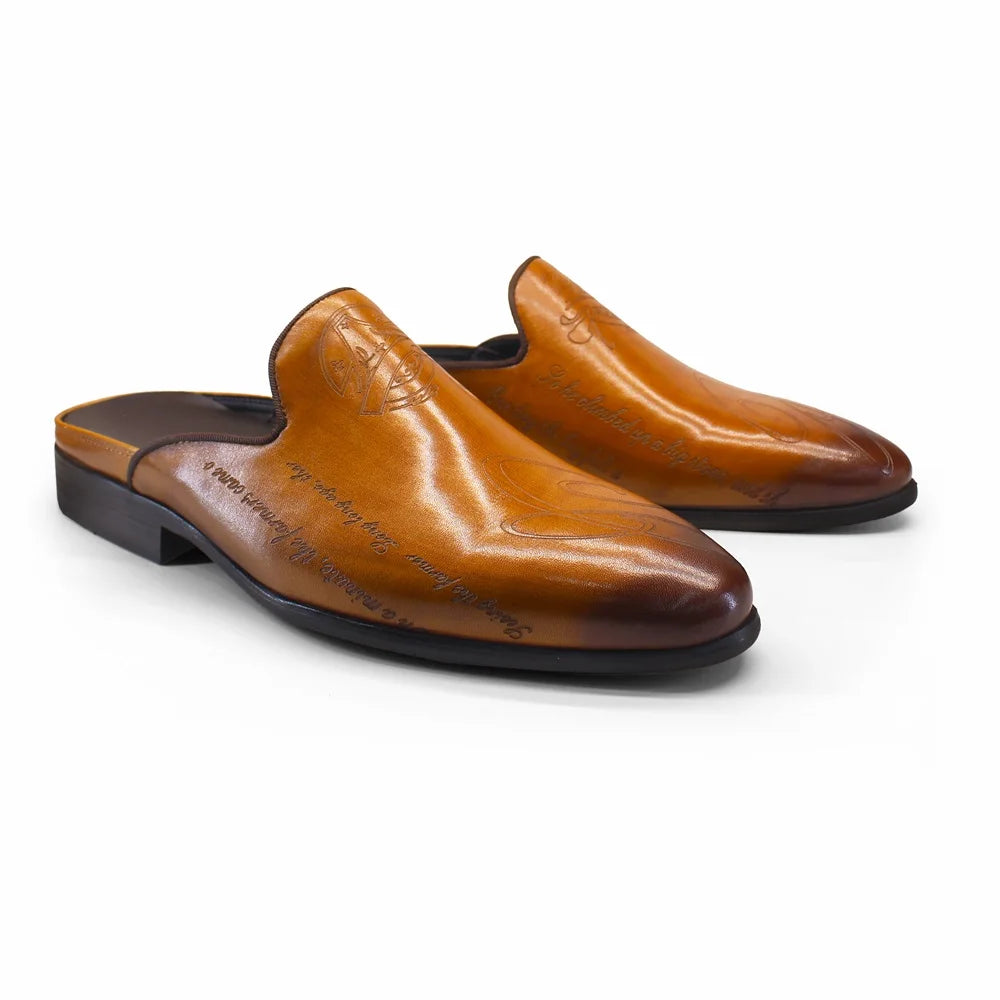 Letter Engraving Leather Mules Shoes