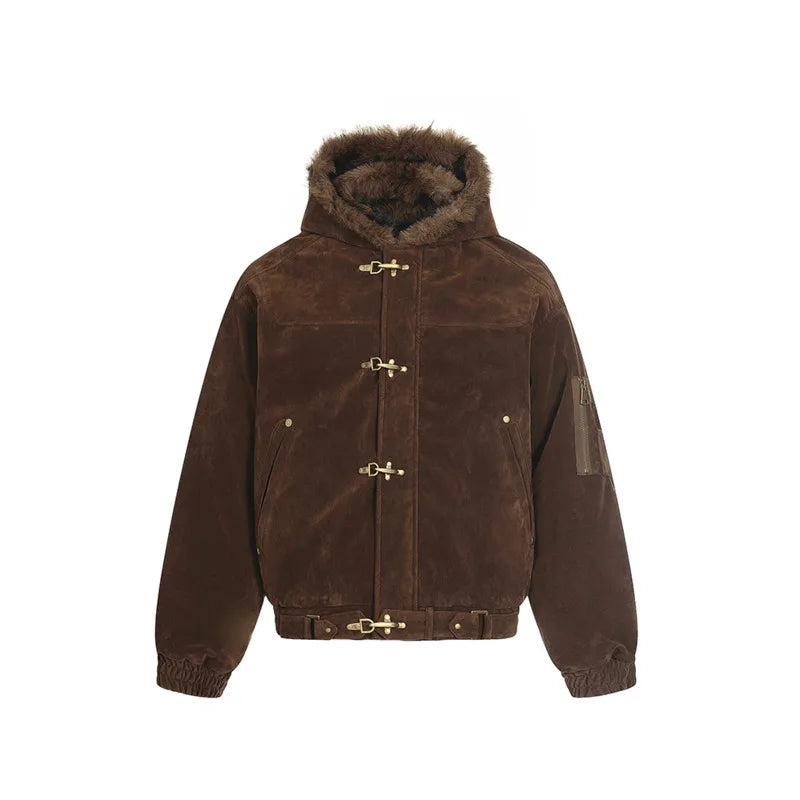 Solid Metal Button Loose Hooded Jackets