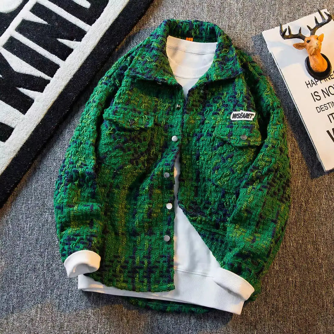 Button Front Tweed Plaid Shirt Jacket
