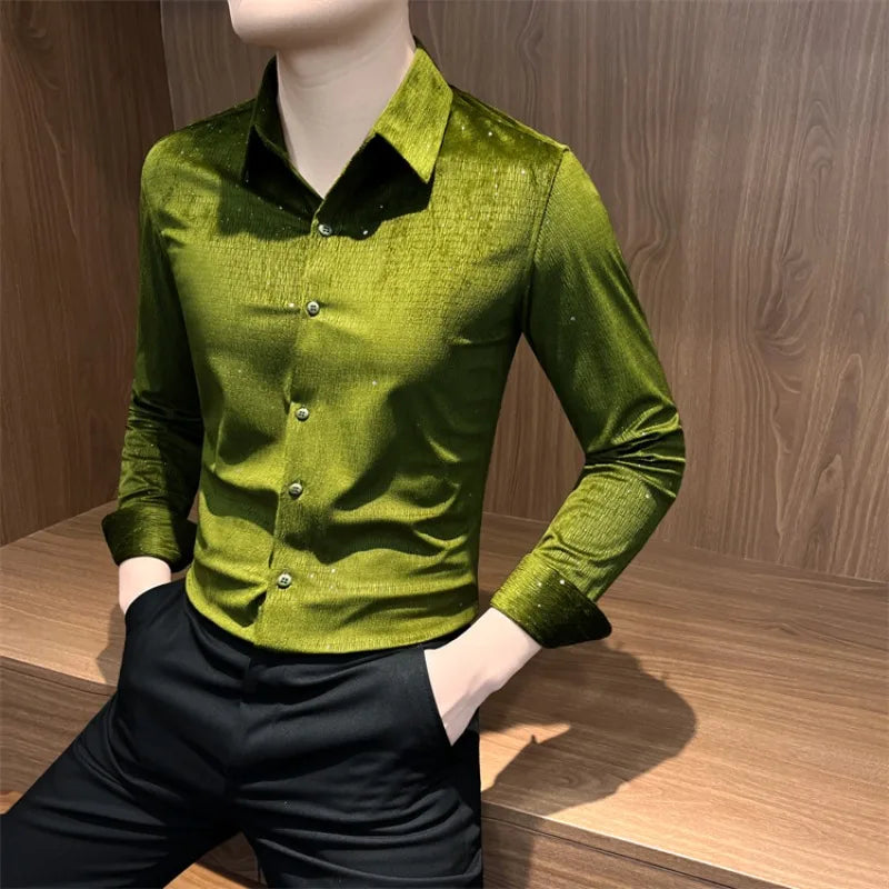 Solid Rhinestone Decoration Dress Shirt