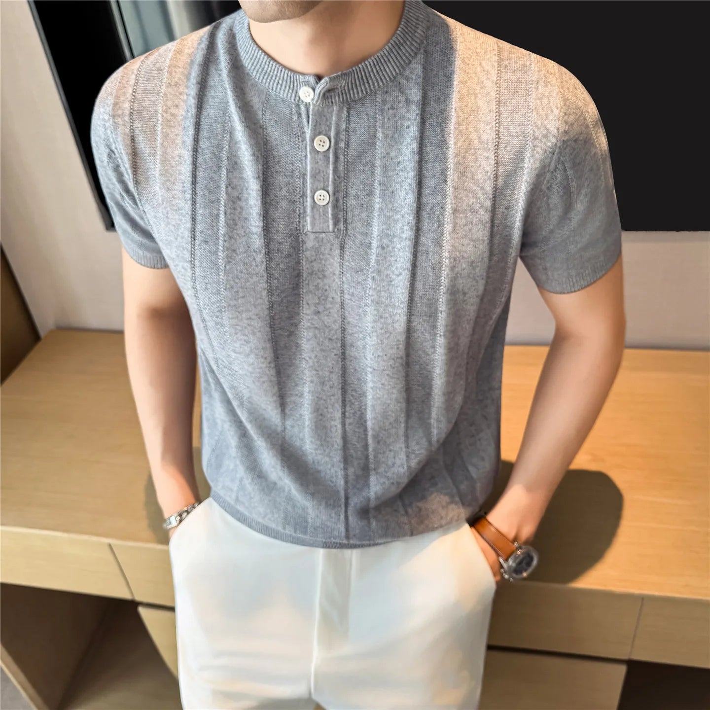 Summer Linen Blend Henry Collar T-Shirt