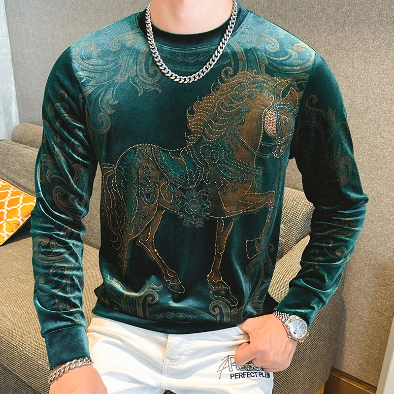 Horse Pattern Rhinestone Velvet Sweatshirts
