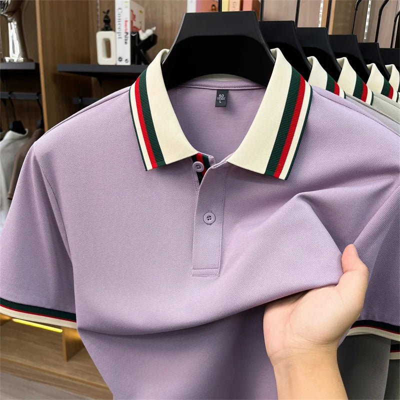 Stripes Color Blocked Lapel Polo Shirt