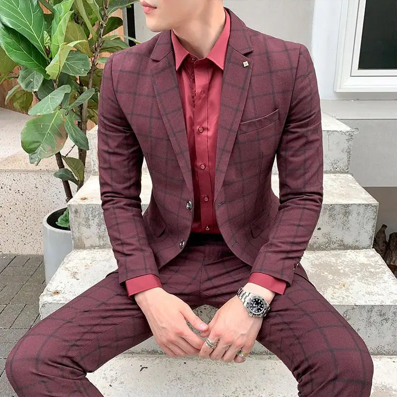 Plaid Pattern Single Breasted Polyester Suit