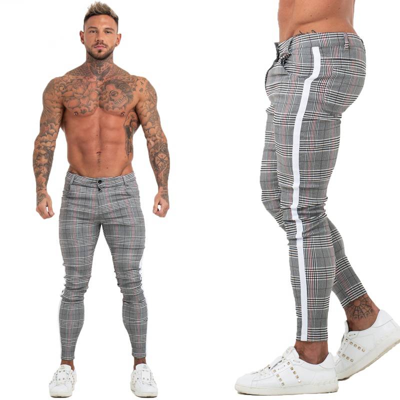 Skinny Plaid Comfy Stretch Slim Fit Style Hommes Pantalons 