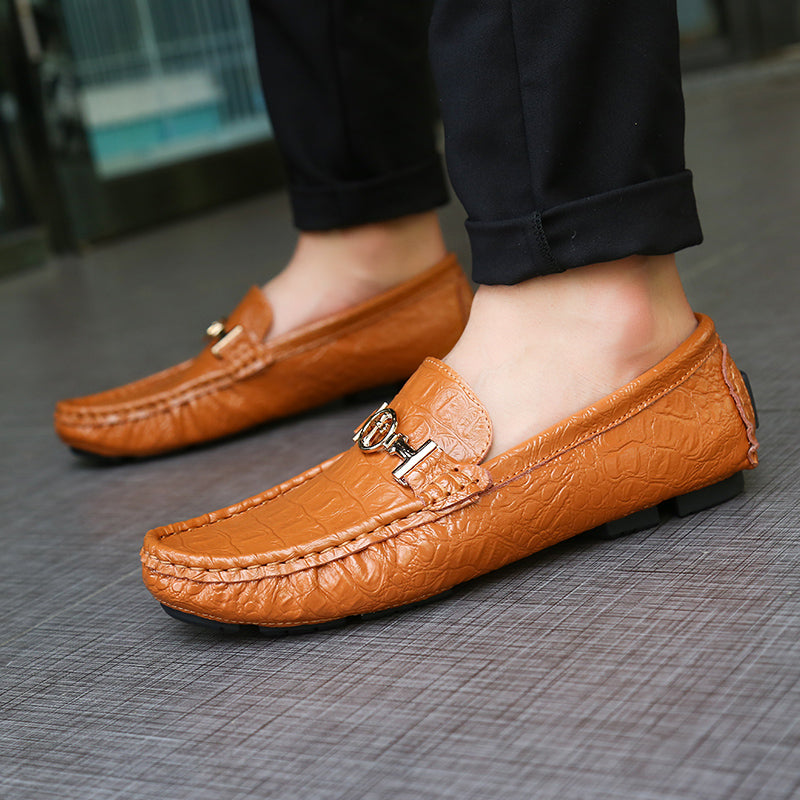 Croco Embossed PU Leather Men Moccasins Shoes with Cross Buckle Detail - FanFreakz