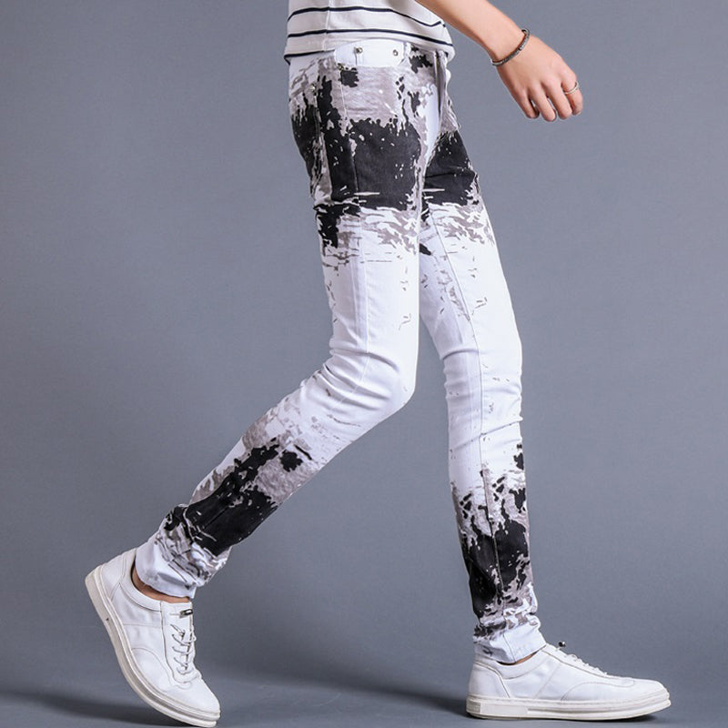 Dirty black Oil Splash Print Art Men Slim Fit Skinny Jeans - FanFreakz