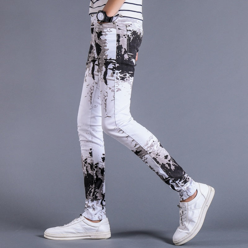 Dirty black Oil Splash Print Art Men Slim Fit Skinny Jeans - FanFreakz