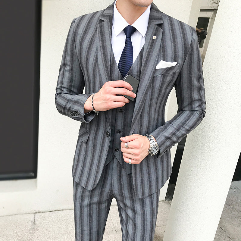 Big Stripes Single Button Men Slim Fit Suit Set Jacket, Vest, and Trousers - FanFreakz
