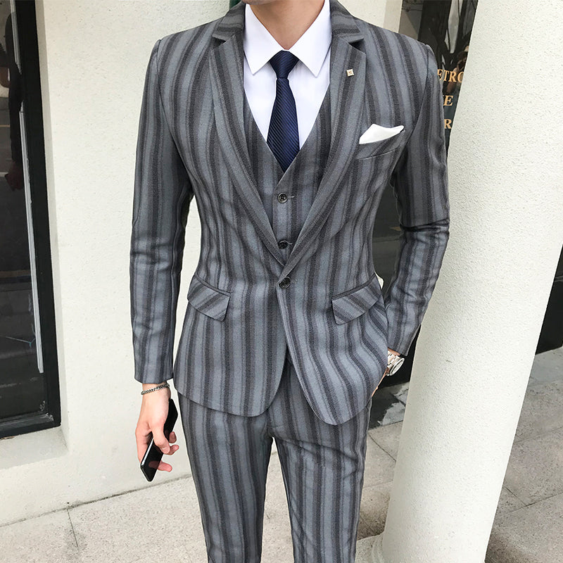 Big Stripes Single Button Men Slim Fit Suit Set Jacket, Vest, and Trousers - FanFreakz