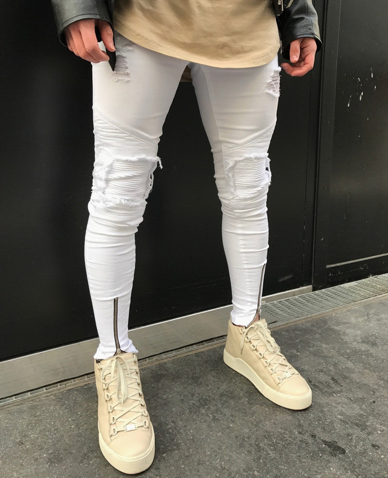 Fashion Casual White Ripped Jeans For Men Jeans Pants Slim Skinny Stretch Denim  Pants Man Elastic