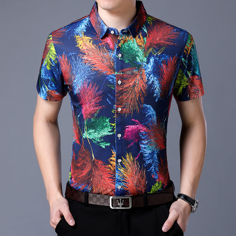 Colorful Abstract Print Men Short Sleeves Slim Fit Shirt - FanFreakz