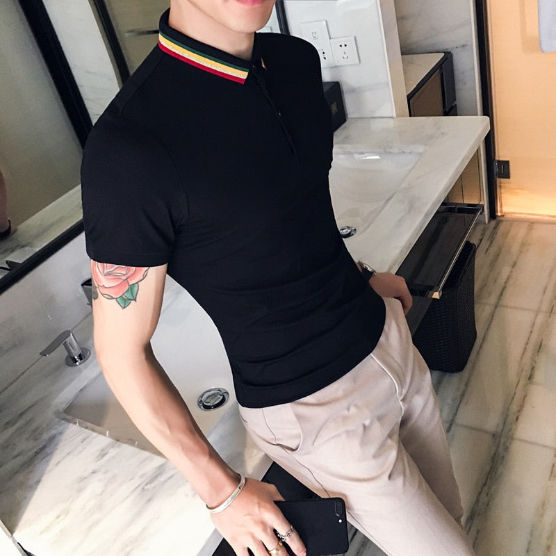 Black White Short Sleeve Rainbow Collar Men Polo Shirt - FanFreakz