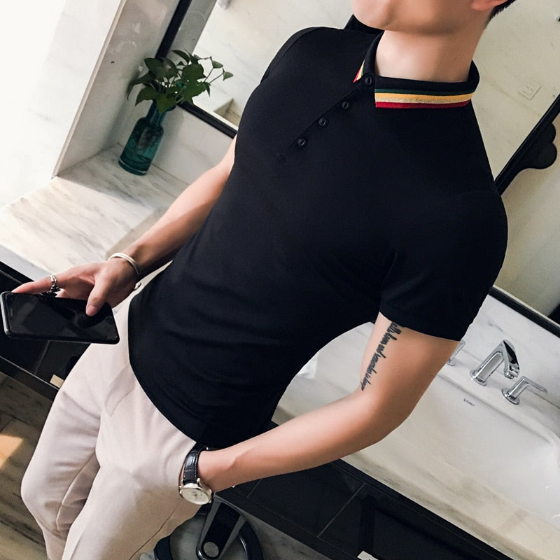 Black White Short Sleeve Rainbow Collar Men Polo Shirt - FanFreakz