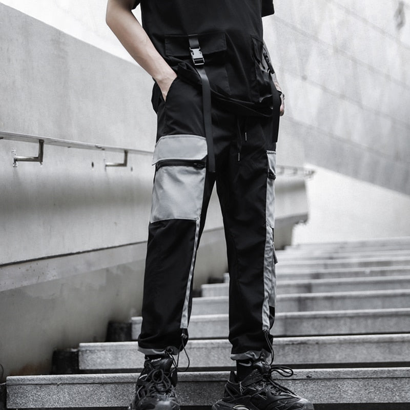 Men Cargo Pants Black Ribbons Block Multi-Pocket Harem Joggers