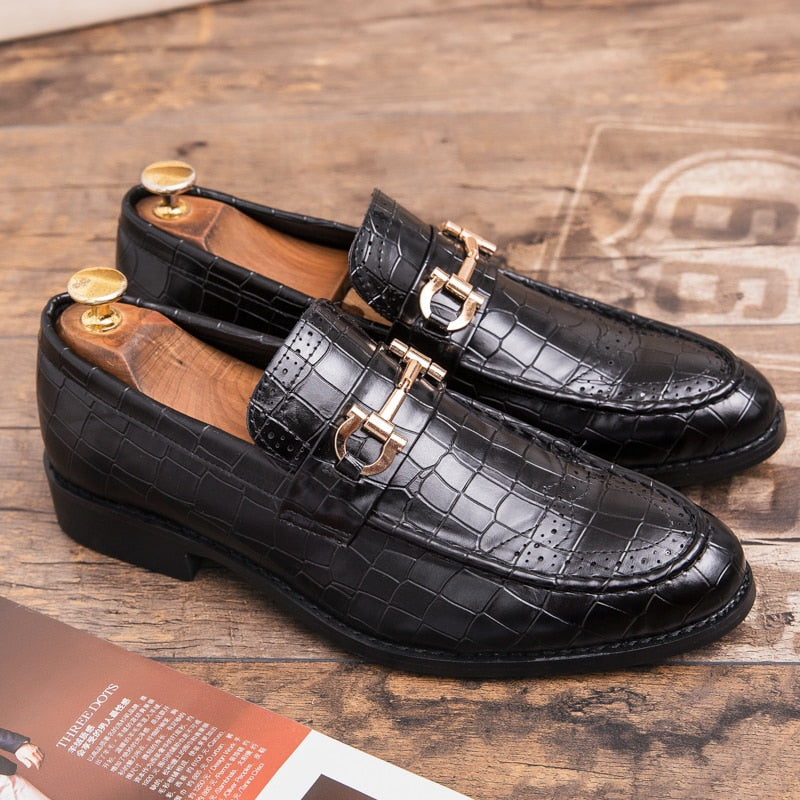 Men's Crocodile Print Pointed Toe Slip On Bit Loafer Shoes, Formal