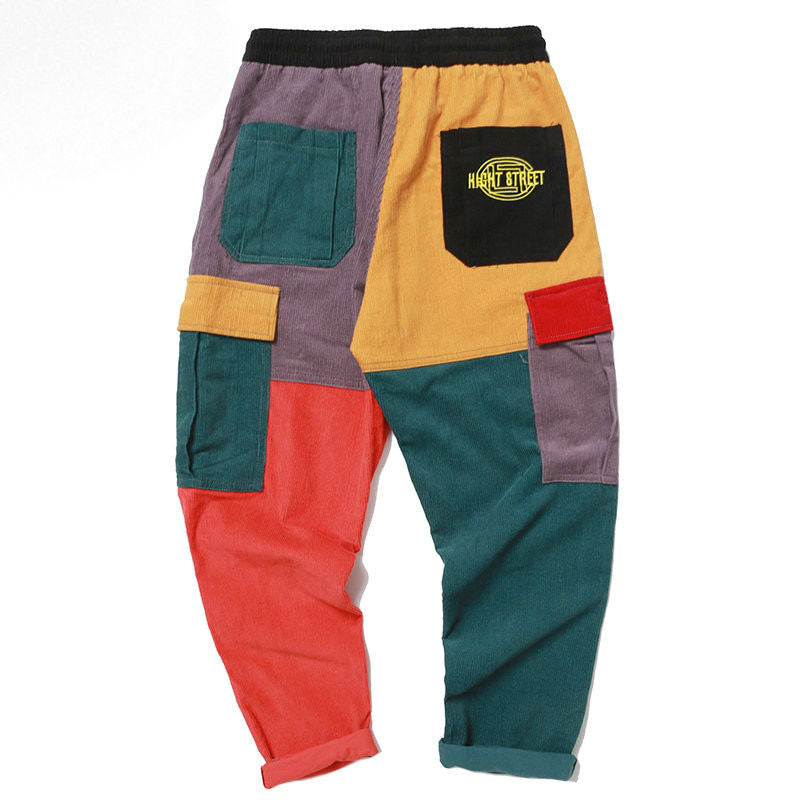 Brick Colour Block Patchwork Corduroy Streetwear Men Cargo Pants - FanFreakz
